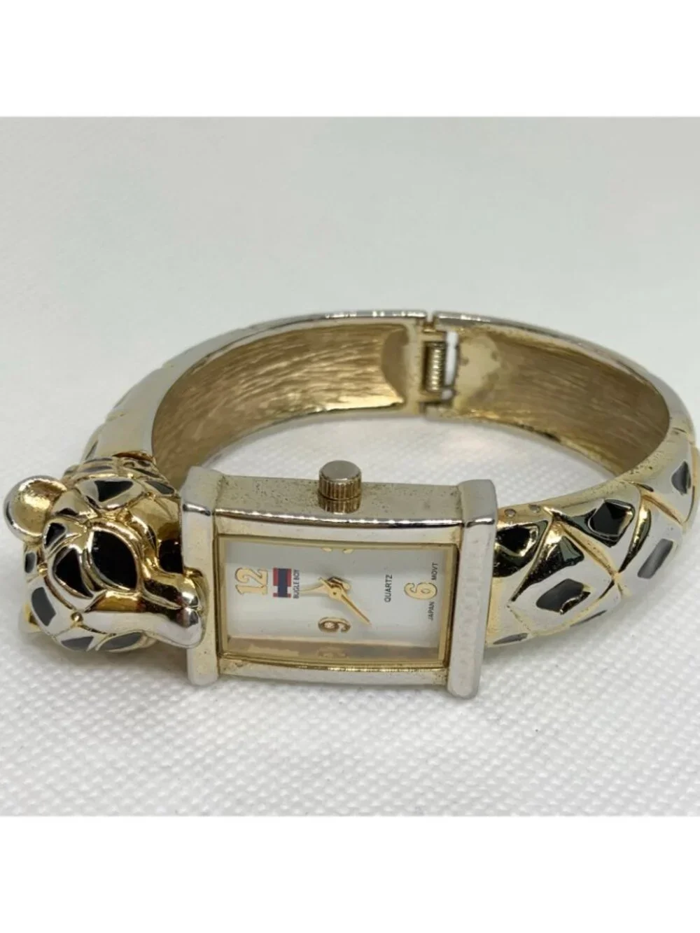Vintage Bugle boy Women's animal face watch gold black tone 20mm quartz running